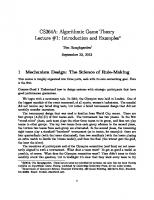 Algorithmic Game Theory Lecture Notes (Stanford CS364A)